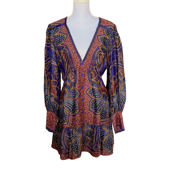 FARM RIO Floral Glam Mini Dress NWT Small Blue Paisley Boho Long Sleeve Deep V - Picture 2 of 11